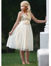 Spaghetti Straps Ivory Gold Sequin Tulle Boho Flower Girl Dress